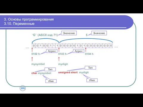 3. Основы программирования 3.10. Переменные 0102 h 0103 h 0104