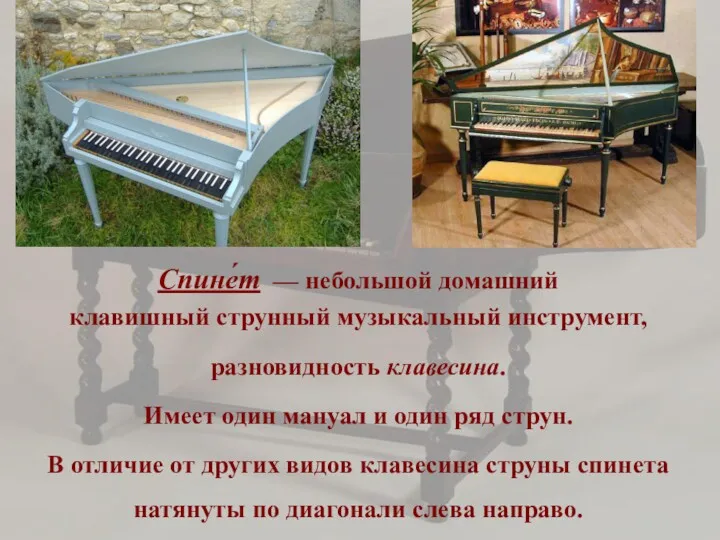 Спине́т — небольшой домашний клавишный струнный музыкальный инструмент, разновидность клавесина.