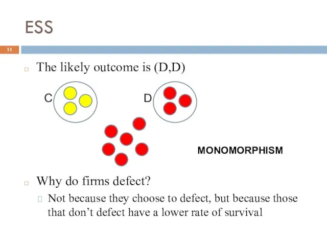 ESS The likely outcome is (D,D) Why do firms defect?