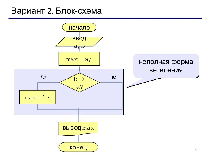 Вариант 2. Блок-схема неполная форма ветвления