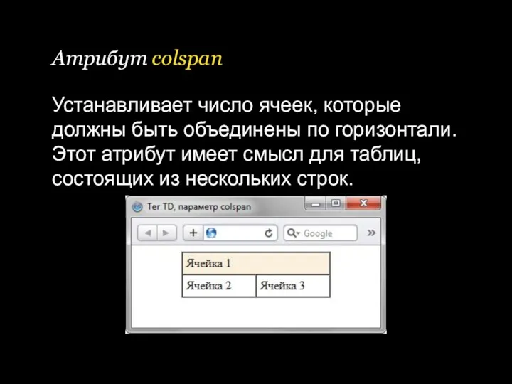 Атрибут colspan Устанавливает число ячеек, которые должны быть объединены по