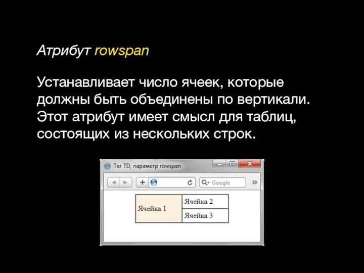 Атрибут rowspan Устанавливает число ячеек, которые должны быть объединены по