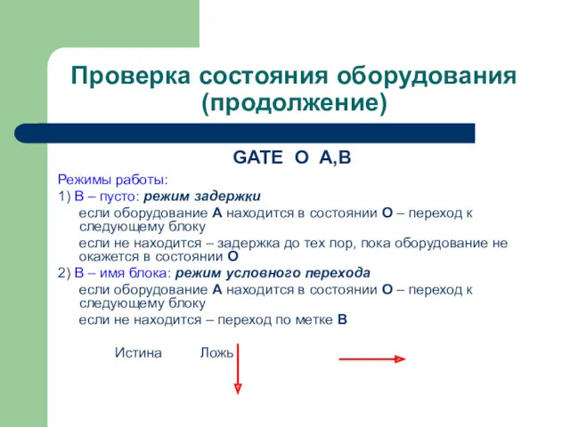 Проверка состояния оборудования (продолжение) GATE O A,B Режимы работы: 1)