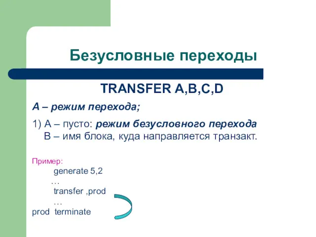 Безусловные переходы TRANSFER A,B,C,D A – режим перехода; 1) А