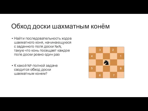 Обход доски шахматным конём Найти последовательность ходов шахматного коня, начинающуюся