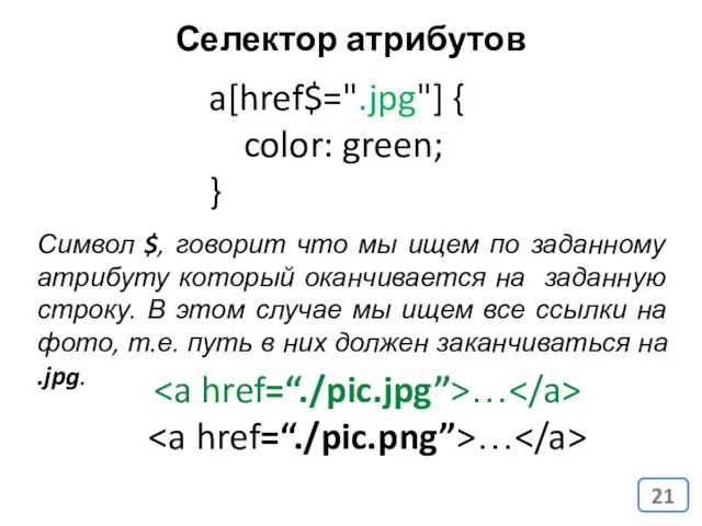 a[href$=".jpg"] { color: green; } Символ $, говорит что мы