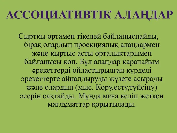 Сыртқы ортамен тікелей байланыспайды,бірақ олардың проекциялық алаңдармен және қыртыс асты