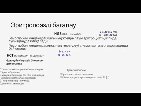 Гемоглобин концентрациясының жоғарылауы эритроциттің ісігінде, сусыздануда байқалады Гемоглобин концентрациясының төмендеуі