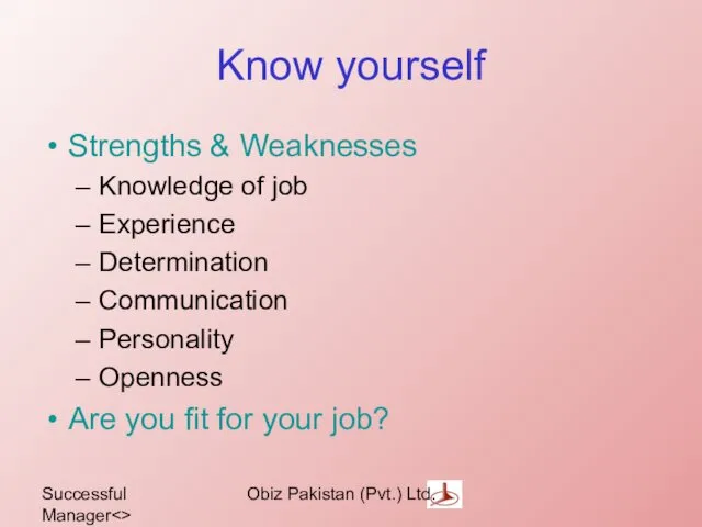 Successful Manager Obiz Pakistan (Pvt.) Ltd. Know yourself Strengths & Weaknesses Knowledge of