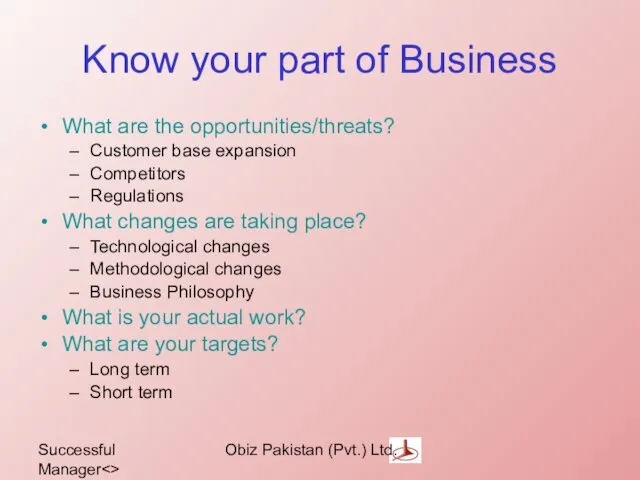 Successful Manager Obiz Pakistan (Pvt.) Ltd. Know your part of