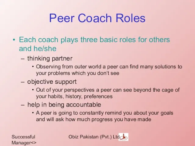 Successful Manager Obiz Pakistan (Pvt.) Ltd. Peer Coach Roles Each coach plays three