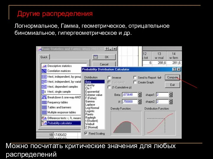 Другие распределения Логнормальное, Гамма, геометрическое, отрицательное биномиальное, гипергеометрическое и др.