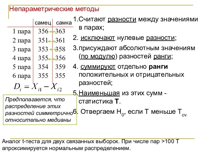 Считают разности между значениями в парах; исключают нулевые разности; присуждают