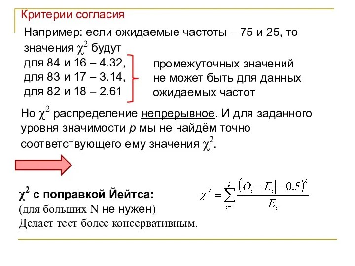 Например: если ожидаемые частоты – 75 и 25, то значения