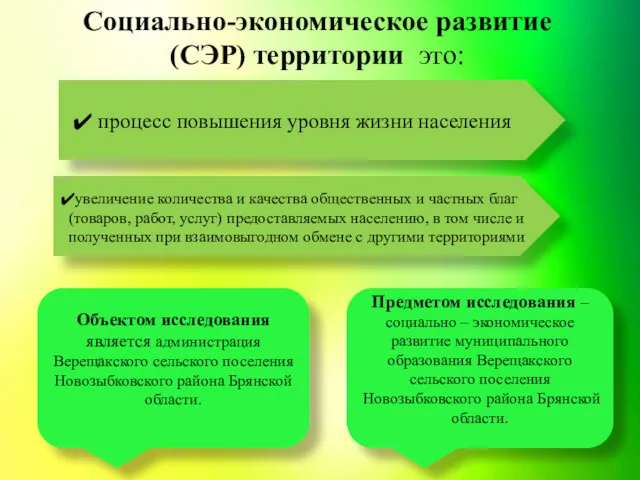 Социально-экономическое развитие (СЭР) территории это: Объектом исследования является администрация Верещакского сельского поселения Новозыбковского