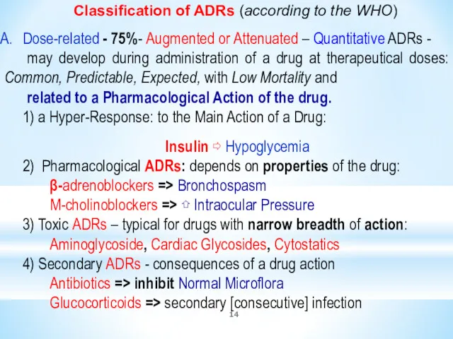 Classification of ADRs (according to the WHO) Dose-related - 75%-