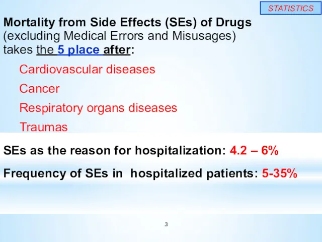 STATISTICS Mortality from Side Effects (SEs) of Drugs (excluding Medical