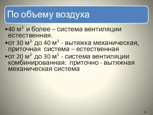 По объему воздуха 40 м3 и более – система вентиляции