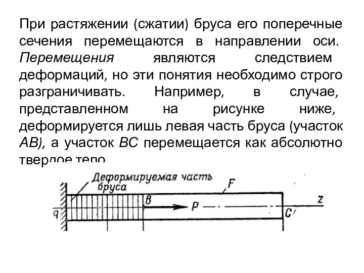 При растяжении (сжатии) бруса его поперечные сечения перемещаются в направлении