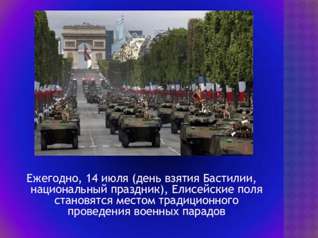 Ежегодно, 14 июля (день взятия Бастилии, национальный праздник), Елисейские поля становятся местом традиционного проведения военных парадов