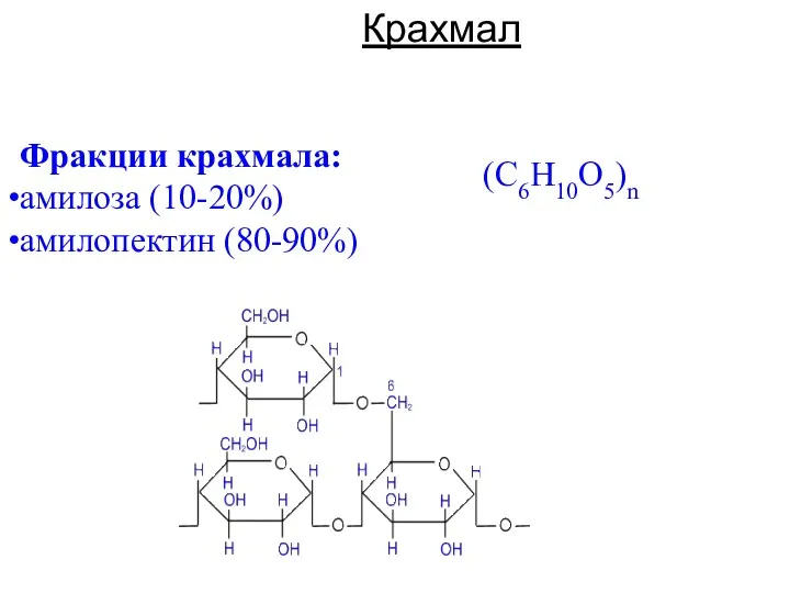 Крахмал (C6H10O5)n Фракции крахмала: амилоза (10-20%) амилопектин (80-90%)