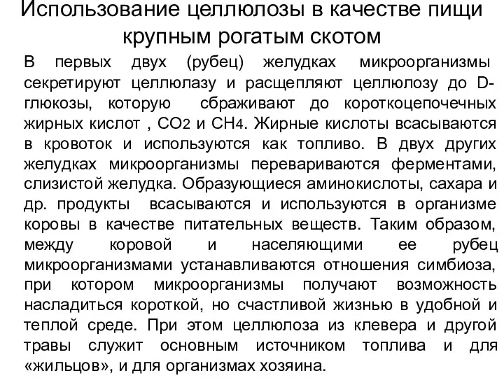 Использование целлюлозы в качестве пищи крупным рогатым скотом В первых