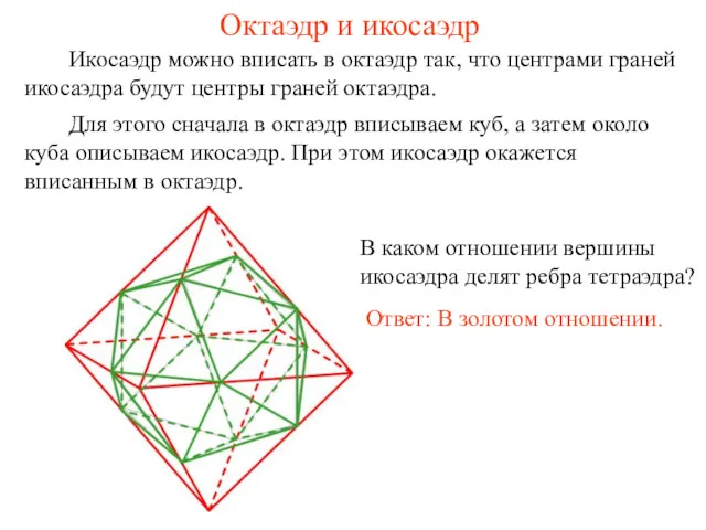 Октаэдр и икосаэдр Икосаэдр можно вписать в октаэдр так, что