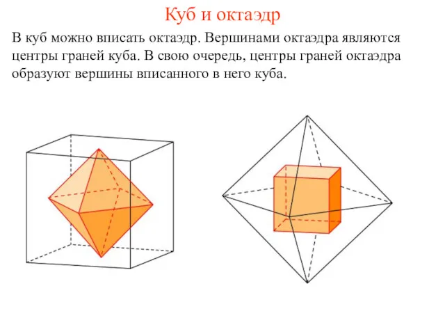 Куб и октаэдр В куб можно вписать октаэдр. Вершинами октаэдра