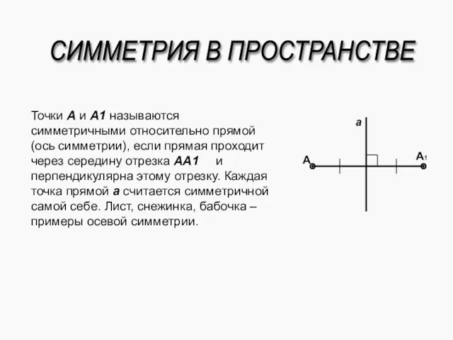 СИММЕТРИЯ В ПРОСТРАНСТВЕ Точки А и А1 называются симметричными относительно