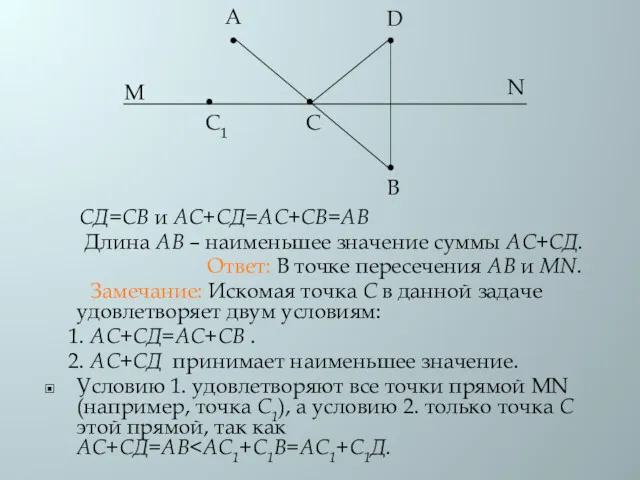 СД=СВ и АС+СД=АС+СВ=АВ Длина АВ – наименьшее значение суммы АС+СД.