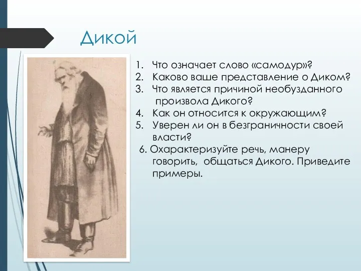 Дикой Что означает слово «самодур»? Каково ваше представление о Диком?