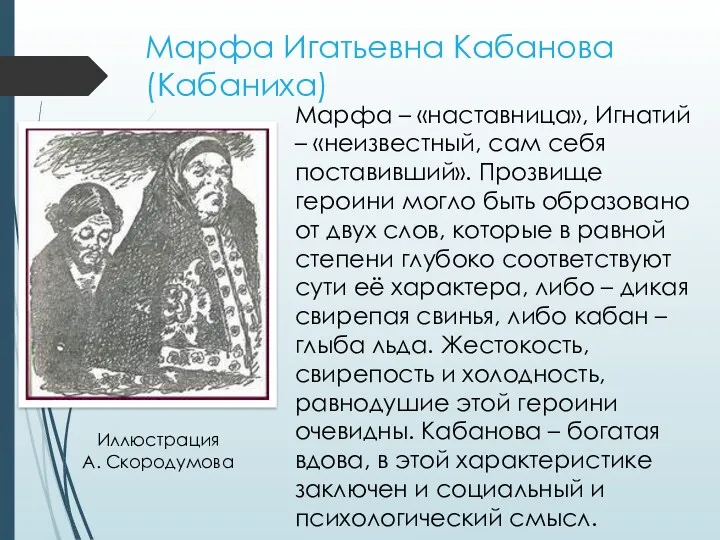 Марфа Игатьевна Кабанова (Кабаниха) Марфа – «наставница», Игнатий – «неизвестный,