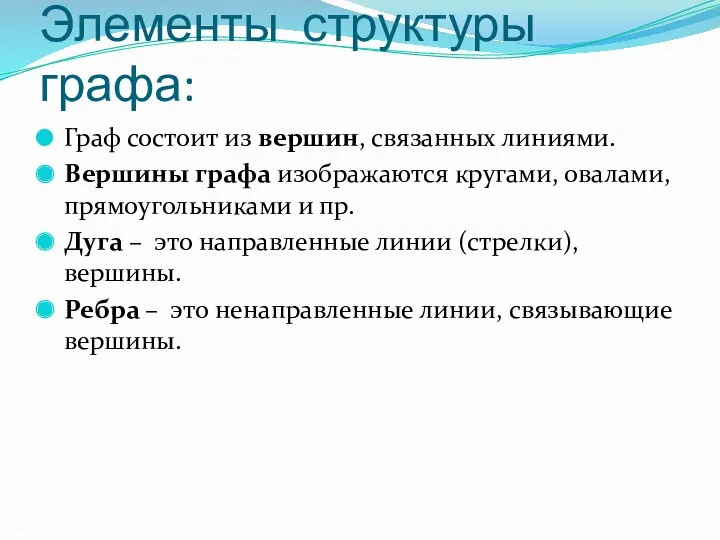 Элементы структуры графа: Граф состоит из вершин, связанных линиями. Вершины