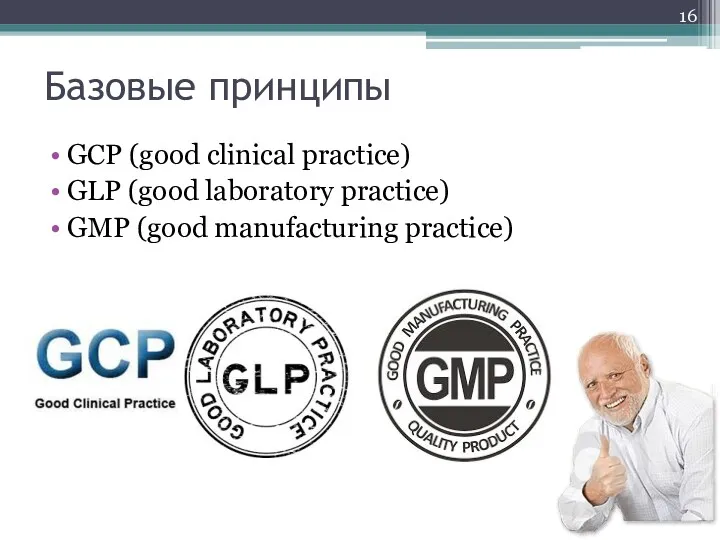 Базовые принципы GCP (good clinical practice) GLP (good laboratory practice) GMP (good manufacturing practice)