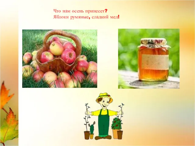Что нам осень принесет? Яблоки румяные, сладкий мед!