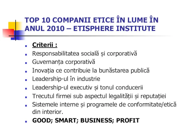 TOP 10 COMPANII ETICE ÎN LUME ÎN ANUL 2010 –