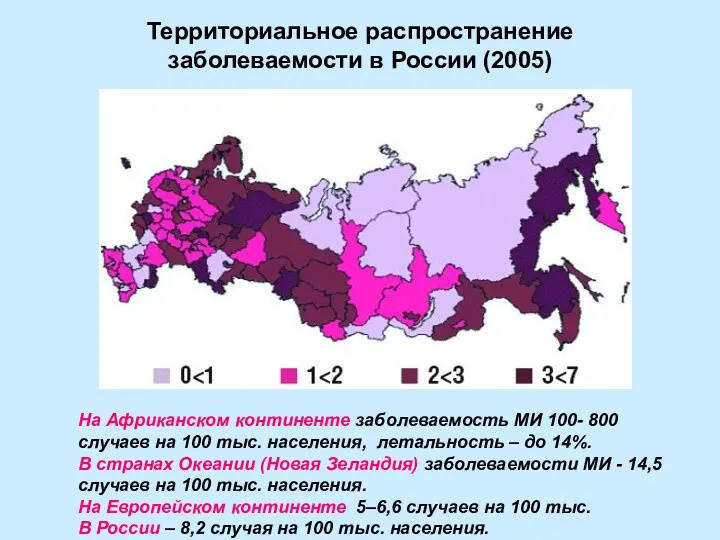 Территориальное распространение заболеваемости в России (2005) На Африканском континенте заболеваемость МИ 100- 800