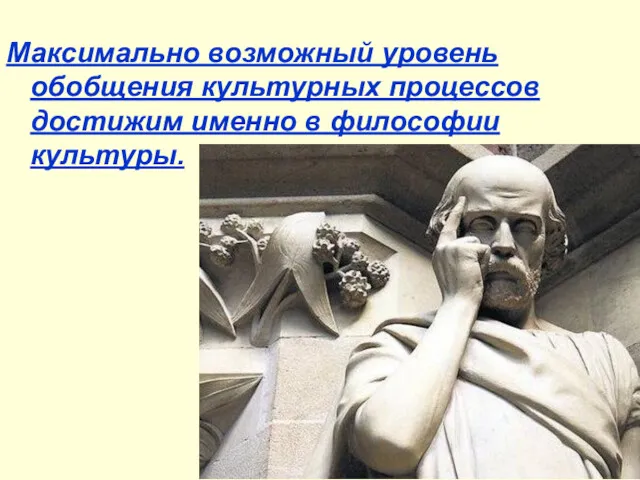 Максимально возможный уровень обобщения культурных процессов достижим именно в философии культуры.