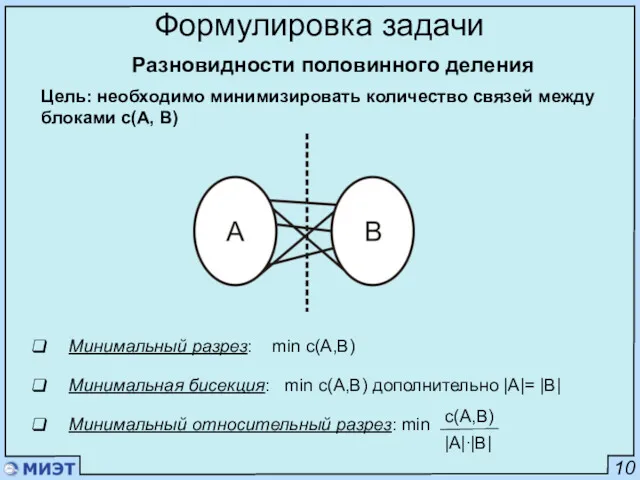10 Формулировка задачи Минимальный разрез: min c(А,B) Минимальная бисекция: min c(A,B) дополнительно |A|=
