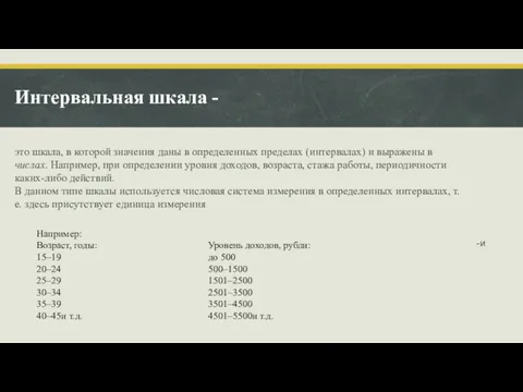 это шкала, в которой значения даны в определенных пределах (интервалах)