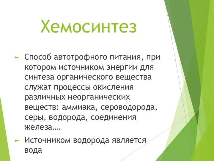 Хемосинтез Способ автотрофного питания, при котором источником энергии для синтеза