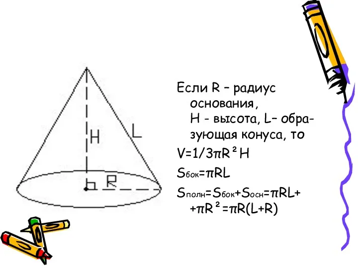 Если R – радиус основания, H - высота, L– обра- зующая конуса, то