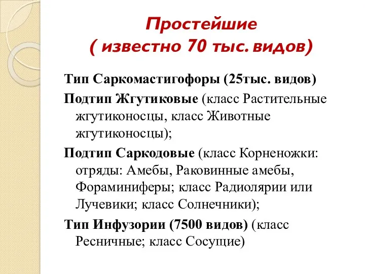 Простейшие ( известно 70 тыс. видов) Тип Саркомастигофоры (25тыс. видов)