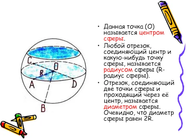 Данная точка (О) называется центром сферы. Любой отрезок, соединяющий центр