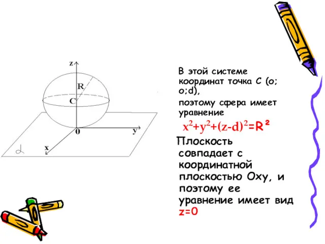 В этой системе координат точка C (о;о;d), поэтому сфера имеет