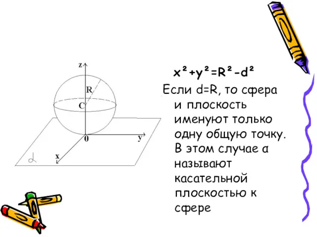 x²+y²=R²-d² Если d=R, то сфера и плоскость именуют только одну