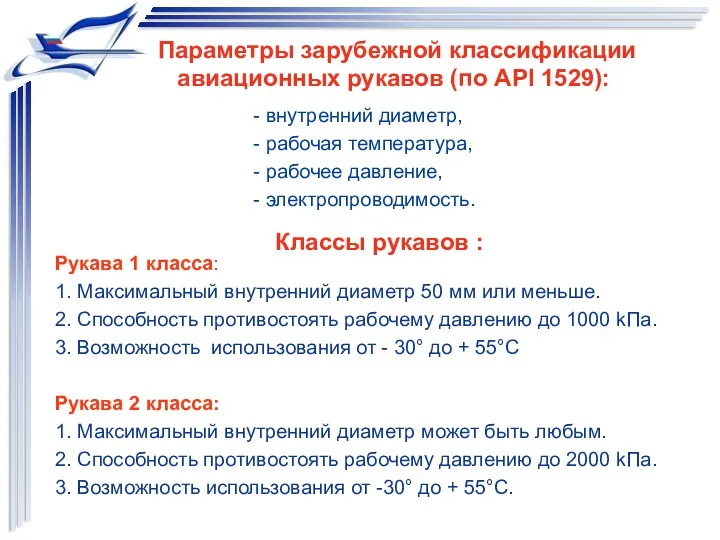 Параметры зарубежной классификации авиационных рукавов (по API 1529): - внутренний