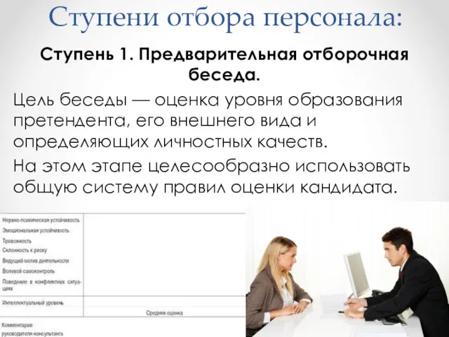 Ступени отбора персонала: Ступень 1. Предварительная отборочная беседа. Цель беседы