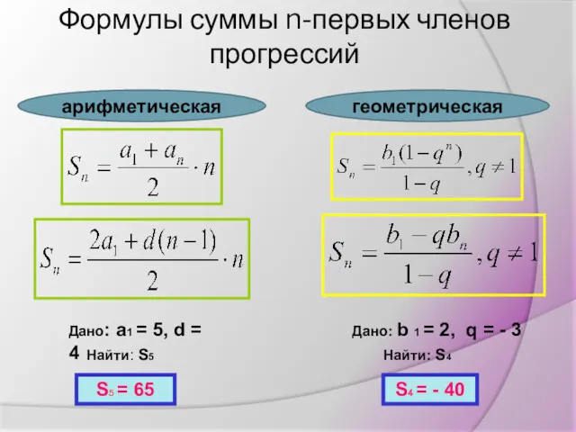 Формулы суммы n-первых членов прогрессий Дано: a1 = 5, d