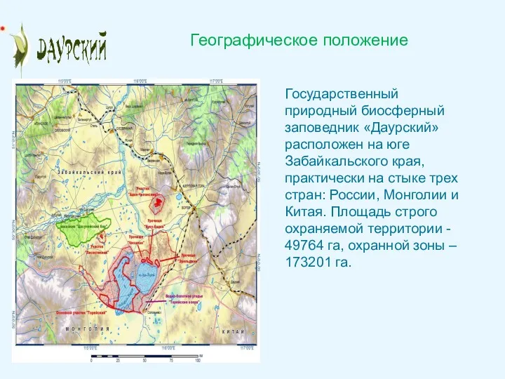 Географическое положение Государственный природный биосферный заповедник «Даурский» расположен на юге